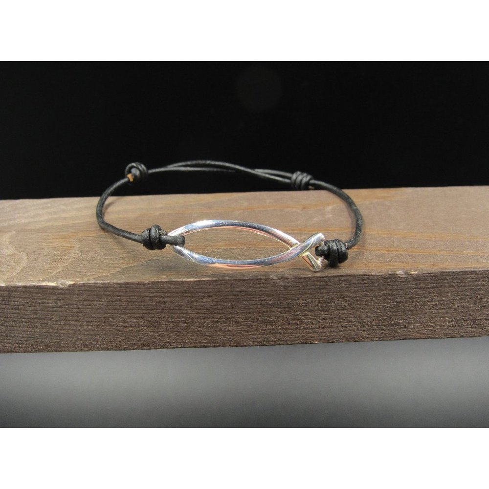 8 Inch Sterling Silver & Leather Fish Bracelet
